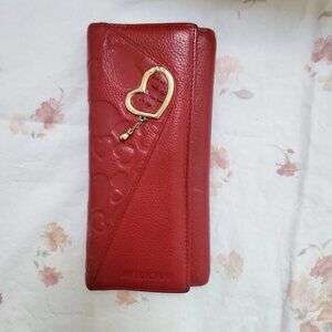 Leather Red Long Wallet with Heart Design